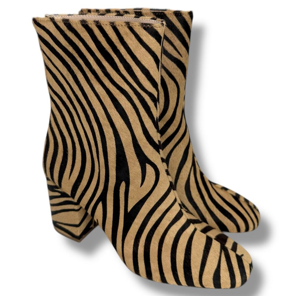 Revolve RAYE City Ankle Boots in Zebra Calf Hair Size 6.5 Tan Black Block Heel